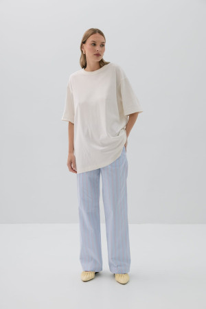 Spodnie bawełniane Positano, niebieskie w różowo-czerwone prązki