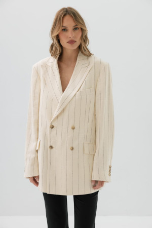 Marynarka Clover, wiskoza z lnem, kremowa w prążek