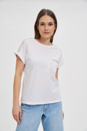 Bawełniany t-shirt ozdobiony koralikami biały