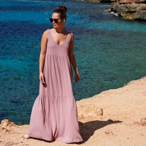 Różowa sukienka maxi z lnem - Sukienka Ruffles Maxi Dirty Pink - sklep More'moi - Rozmiar: S/M