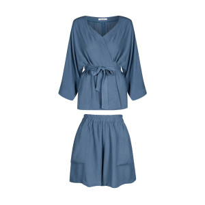 Niebieski zestaw na plażę: kimono i szorty. Wiskoza z lnem - Zestaw Summer Aqua - sklep More'moi
