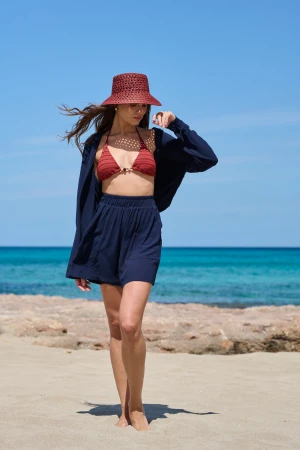 Granatowy zestaw wakacyjny: koszula i szorty, wiskoza i len – Zestaw Summer Valentina Estate Blue - sklep More'moi