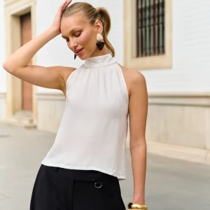 Perłowy, ecru top halter z wiązaniem - Top Emma Soft Pearl - sklep More'moi - Rozmiar: XL szyte w Polsce