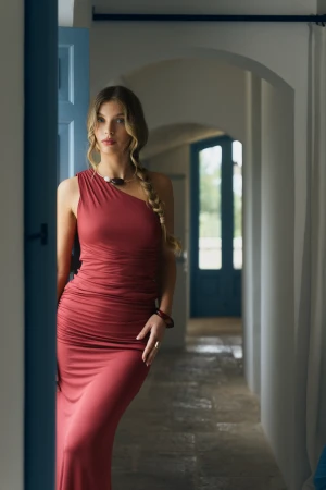 Ceglasty zestaw z modalu na lato: top i spódnica - Zestaw Lea Enora Rosewood - sklep More'moi
