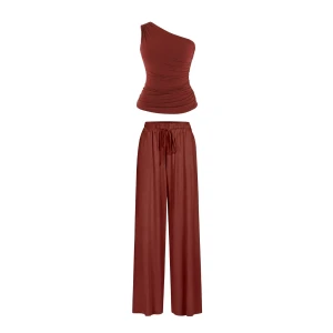 Ceglasty zestaw z modalu na lato: top i spodnie - Zestaw Lea Zephyr Rosewood - sklep More'moi