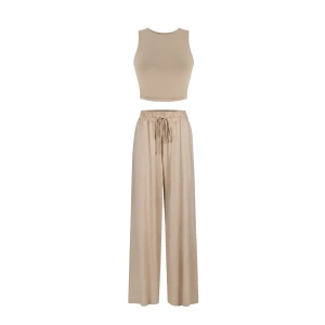 Beżowy zestaw z modalu na lato: top i spodnie - Zestaw Zoe Zephyr Light Beige - sklep More'moi