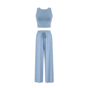 Niebieski zestaw z modalu na lato: top i spodnie – Zestaw Zoe Zephyr Powder Blue - sklep More'moi