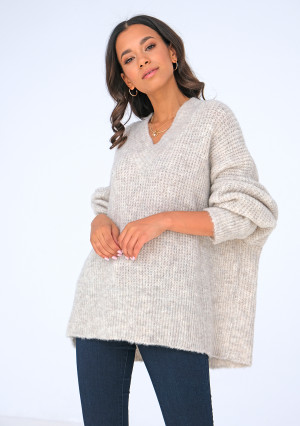 Valle - Sweter z dekoltem V oversize Beżowy