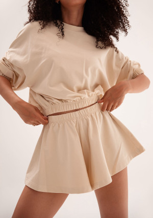 Softie - Rozkloszowane szorty z bawełnianej dzianiny Oat Beige