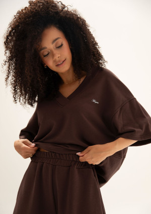 Cozy Flow - Bawełniana bluza oversize  boxy v-neck Mocha Brown