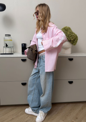 Tammy - Bawełniana koszula oversize w prążki z lampasem Różowa