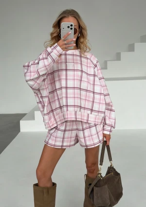 Leni - Bluza oversize crewneck w kratę Pink