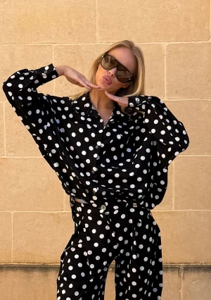 Tammy - Lniana koszula oversize  w grochy Czarna