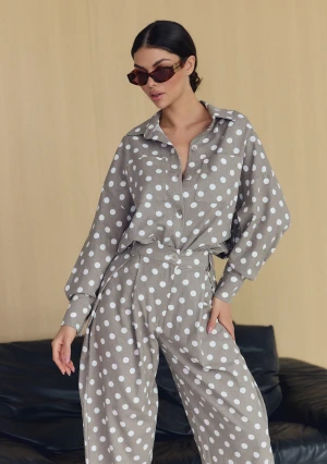 Tammy - Lniana koszula oversize w grochy Beżowa