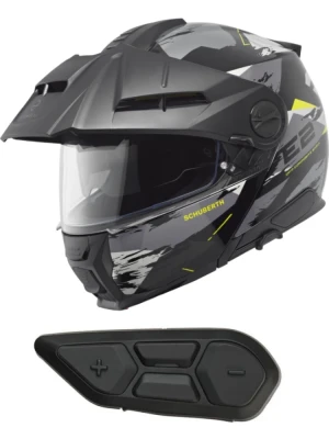 Zestaw: Kask szczękowy Schuberth E2 Trail czarno-szaro-żółty matowy + dedykowany interkom motocyklowy