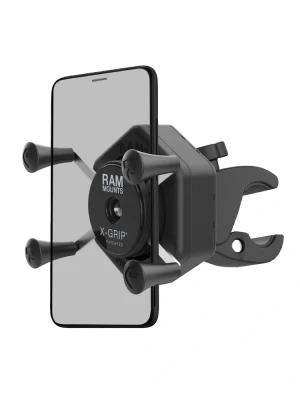 Uchwyt na telefon RAM X-Grip z adapterem tłumiącym wibracje i małą klamrą zaciskową Tough-Claw