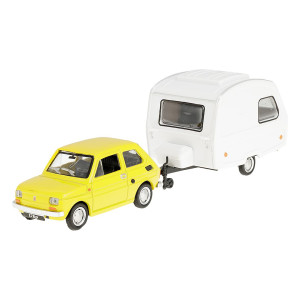 Zestaw Przyczepa Kempingowa Biała Niewiadów N-126 + Fiat 126p (Maluch) Żółty 1:43