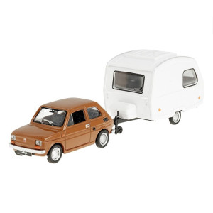 Zestaw Przyczepa Kempingowa Biała Niewiadów N-126 + Fiat 126p (Maluch) Brązowy 1:43