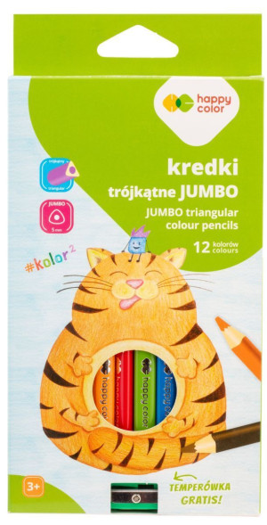 Kredki ołówkowe 12 kol. trójkątne jumbo + temperówka - Happy Color