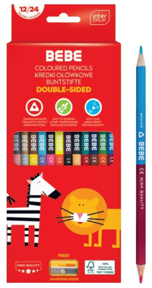 Kredki ołówkowe trójkątne dwustronne z temperówką 24 kol. BEBE KIDS - Interdruk