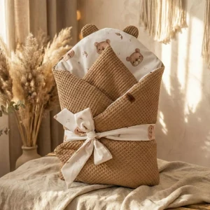 Rożek Becik Niemowlęcy Bawełniany | Misie Karmelowy Wafel