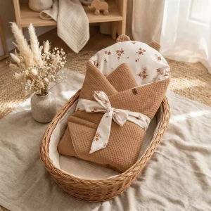 Rożek Becik Niemowlęcy Bawełniany | Little Brown Flowers & Karmelowy Wafel