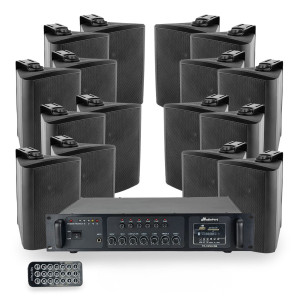 Zestaw czarnych głośników naściennych 16x 4'' ze wzmacniaczem 6 strefowym