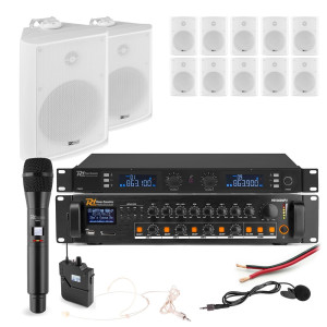 Zestaw białych głośników naściennych 12 x 6.5" BC65V z zestawem mikrofonów bezprzewodowych