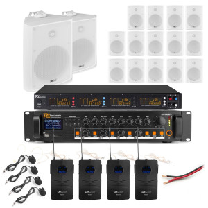 Zestaw białych głośników naściennych 16 x 6.5" BC65V z zestawem mikrofonów bezprzewodowych nagłownych