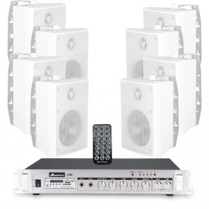 Zestaw białych głośników naściennych 8x 4'' z 2-strefowym wzmacniaczem