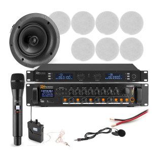 Profesjonalny system głośników sufitowych 8 x 5.25" FCS5 z wzmacniaczem 4 strefowym oraz system mikrofonów bezprzewodowych