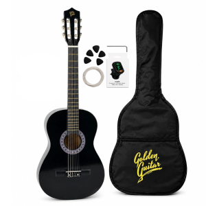 Zestaw: Gitara klasyczna 4/4 38 kolor czarny GK38CZ Golden Guitar+ pokrowiec+ tuner+ struny+ kostki