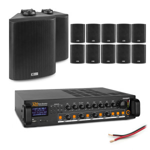 Zestaw czarnych głośników naściennych 12 x 6.5" BC65V z wzmacniaczem wielostrefowym
