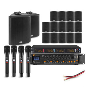 Zestaw czarnych głośników naściennych 16 x 6.5" BC65V z wzmacniaczem wielostrefowym oraz bezprzewodowym zestawem mikrofonowym