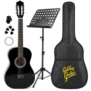 Zestaw: Gitara klasyczna 4/4 38" kolor czarny Golden Guitar+ akcesoria + pulpit na nuty