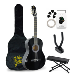 Zestaw: Gitara klasyczna 39" 4/4 czarna+ akcesoria+ statyw+ podnóżek gitarowy Golden Guitar