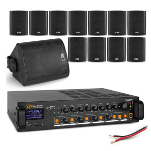 Zestaw czarnych głośników naściennych 12 x 4" BC40V z wzmacniaczem 4 strefowym