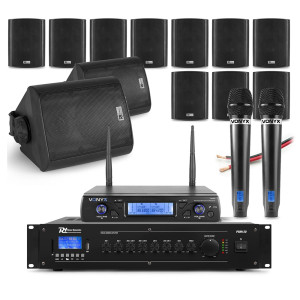 Zestaw czarnych głośników naściennych 12 x 4" BC40V z zestawem mikrofonów bezprzewodowych