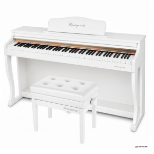 Zestaw: pianino cyfrowe NOCTURNO Mielczewski białe zamykane + ława pikowana