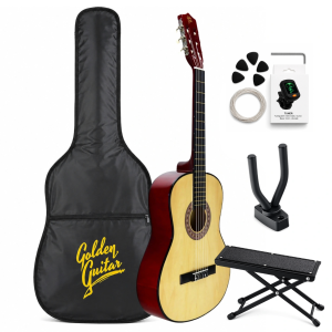 Zestaw: Gitara klasyczna 39" 4/4 naturalna+ akcesoria + statyw+ podnóżek gitarowy Golden Guitar
