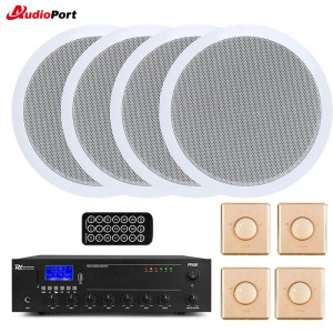 Zestaw nagłośnienia do domu biura szkoły 4x głośnik sufitowy 6'' 5-10W/100V wzmacniacz 4x regulator głośności