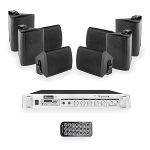 Zestaw czarnych głośników naściennych 8x 4'' ze wzmacniaczem