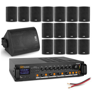 Zestaw czarnych głośników naściennych 16 x 4" BC40V z wzmacniaczem 4 strefowym