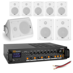 Zestaw bialych głośników naściennych 8 x 4" BC40V z wzmacniaczem 4 strefowym