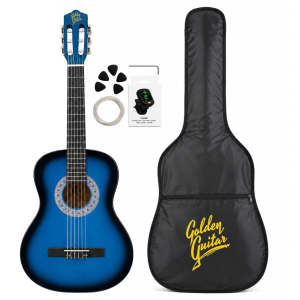 Zestaw: Gitara klasyczna 4/4 38 kolor niebieski GK38NB Golden Guitar pokrowiec+ tuner+ struny+ kostki