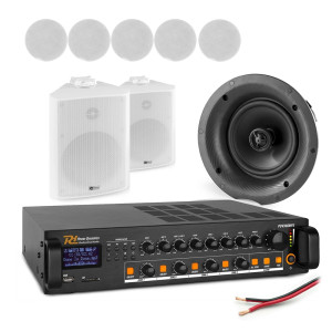 Profesjonalny system głośników sufitowych 6 x 6.5" FCS6 z wzmacniaczem 4 strefowym oraz głośnikami zewnętrznymi