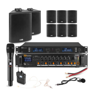 Zestaw czarnych głośników naściennych 8 x 6.5" BC65V z wzmacniaczem wielostrefowym oraz bezprzewodowym zestawem mikrofonowym