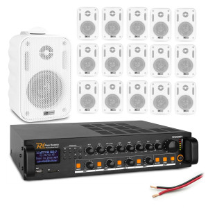 Zestaw białych głośników naściennych 16 x 3" BC30V z wzmacniaczem 4 strefowym