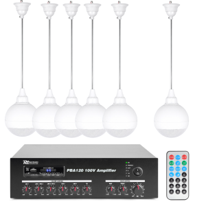 Zestaw białych głośników wiszących 6 x 15W/100V ze wzmacniaczem BT