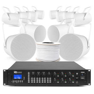 Zestaw białych głośników tubowych 12 x 6.5" PSP6 z 6 strefowym wzmacniaczem matrycowym